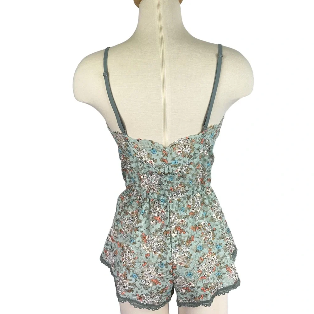 Victoria's Secret Romper Size Small Green Lace Floral Lingerie Semi Sheer